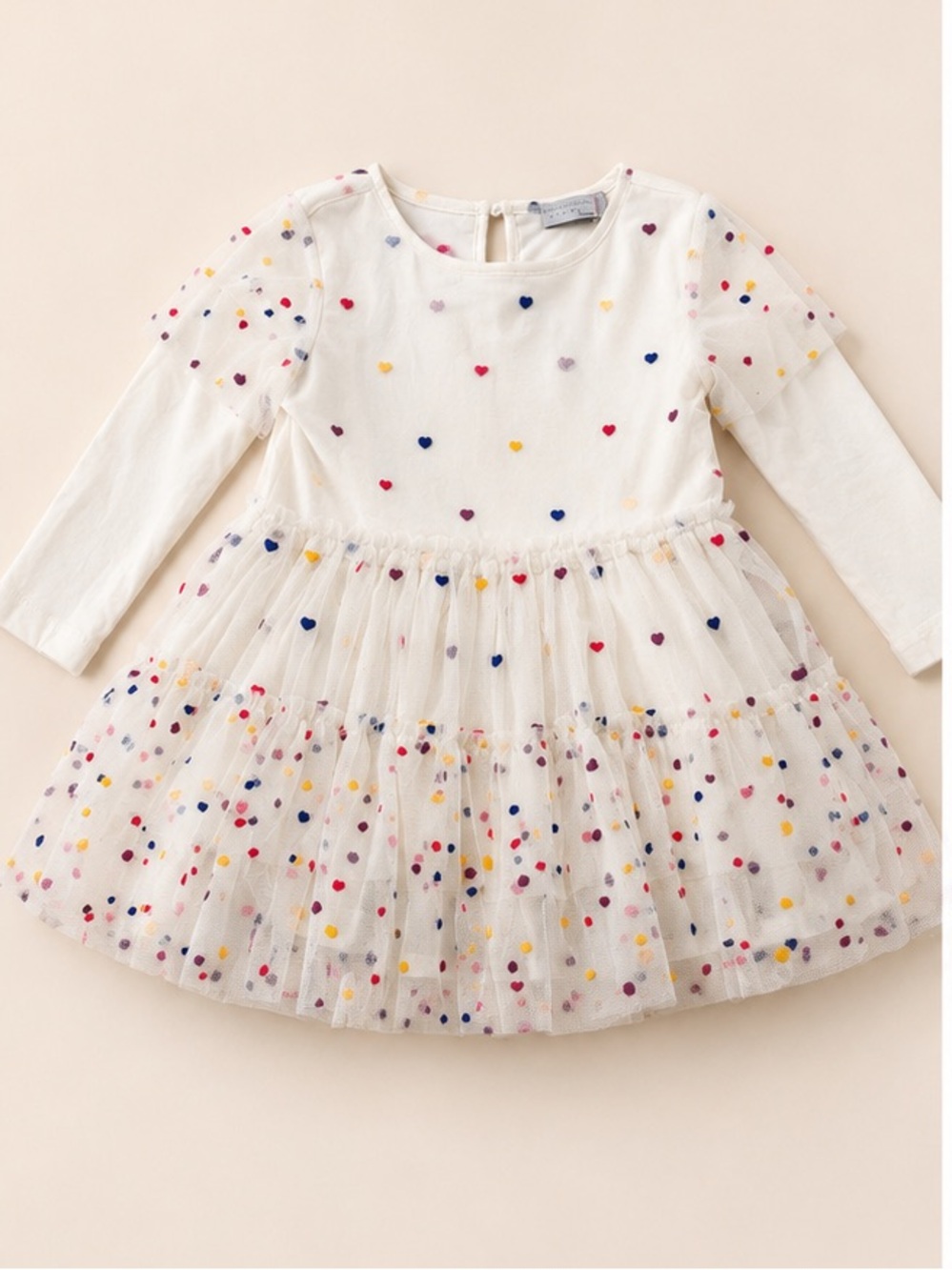 Stella McCartney Kids Ivory Tulle Dress with Multicolor Heart Embroidery